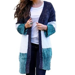 BLUE MULTI WHITE COLOR BLOCK VELVET CHENILLE CARDIGAN SIZE XL (16-18)